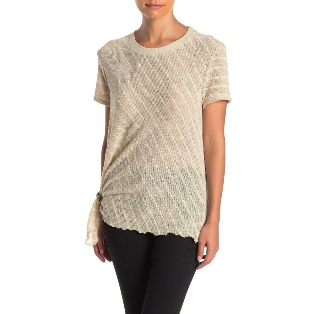 Everleigh Women's Top Beige Tie Front Short Sleeve Knit Striped Oatmeal